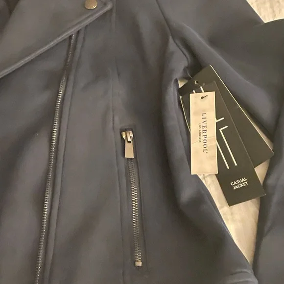 S Suede Faux LiverPool Biker Moto Jacket Coat Navy Blue/Silver Accents NWT New! - Picture 7 of 9